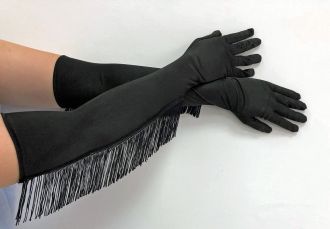 Černé saténové rukavice s třásněmi - 55 cm